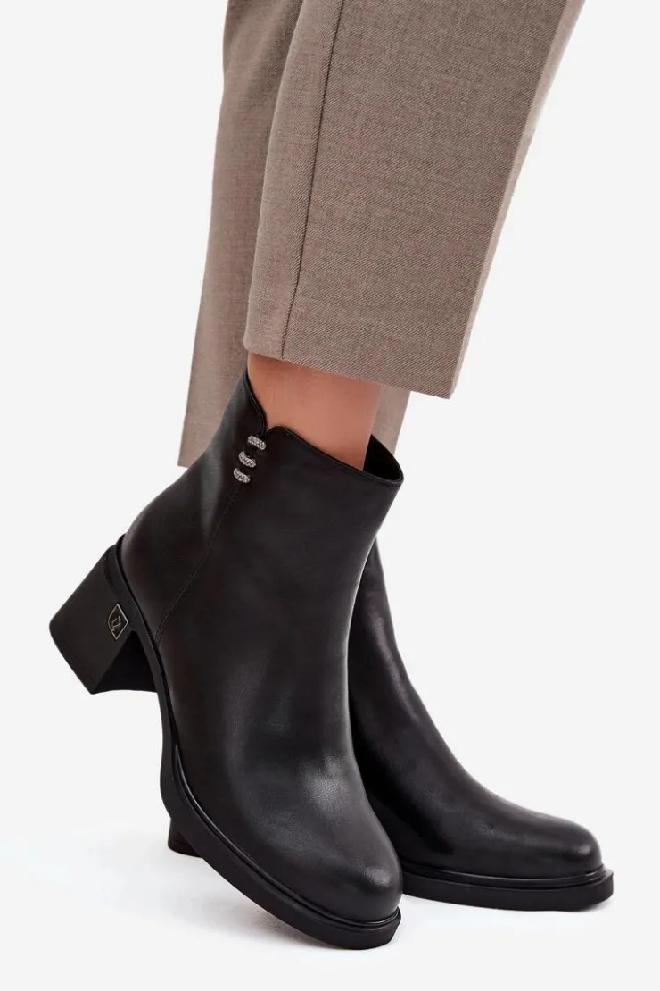 Outlet Buty damskie Vinceza Skórzane Ocieplane Botki Damskie Na Klocku Vinceza 91159 Czarne Czarny