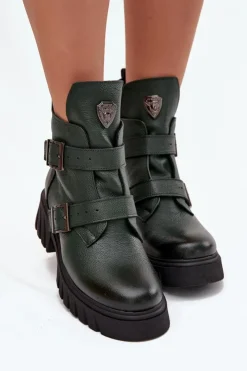 Damskie Zazoo Skórzane Ocieplane Botki Damskie Z Klamrami I Ozdobnym Detalem 60482 Ciemnozielone