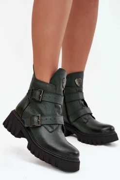 Damskie Zazoo Skórzane Ocieplane Botki Damskie Z Klamrami I Ozdobnym Detalem 60482 Ciemnozielone