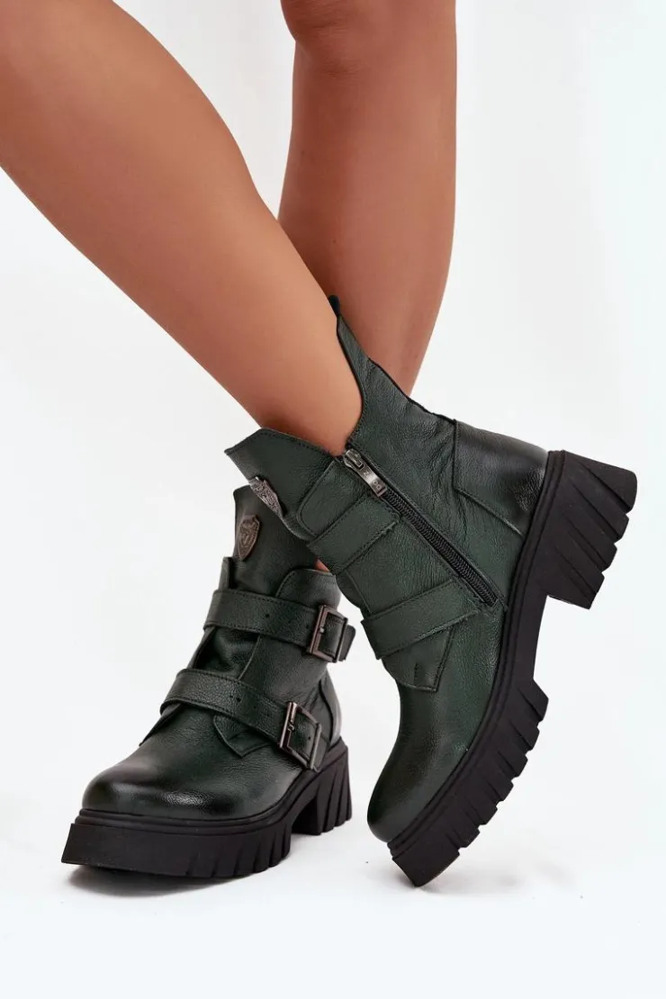 Damskie Zazoo Skórzane Ocieplane Botki Damskie Z Klamrami I Ozdobnym Detalem 60482 Ciemnozielone