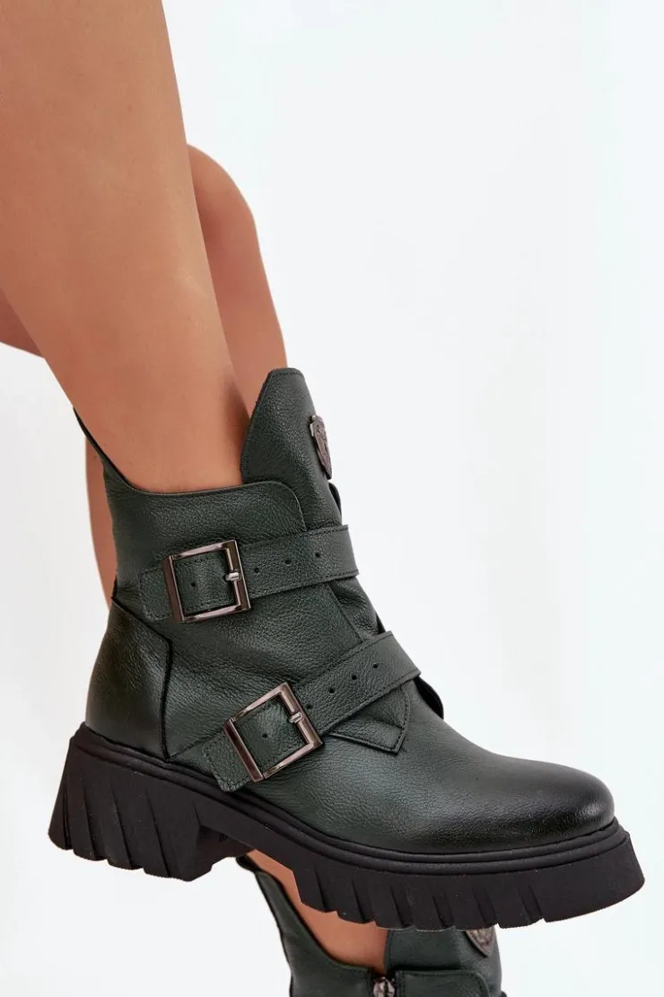 Damskie Zazoo Skórzane Ocieplane Botki Damskie Z Klamrami I Ozdobnym Detalem 60482 Ciemnozielone