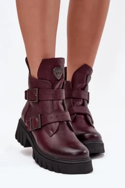 Sale Zazoo Skórzane Ocieplane Botki Damskie Z Klamrami I Ozdobnym Detalem 60482 Bordowe Czerwony