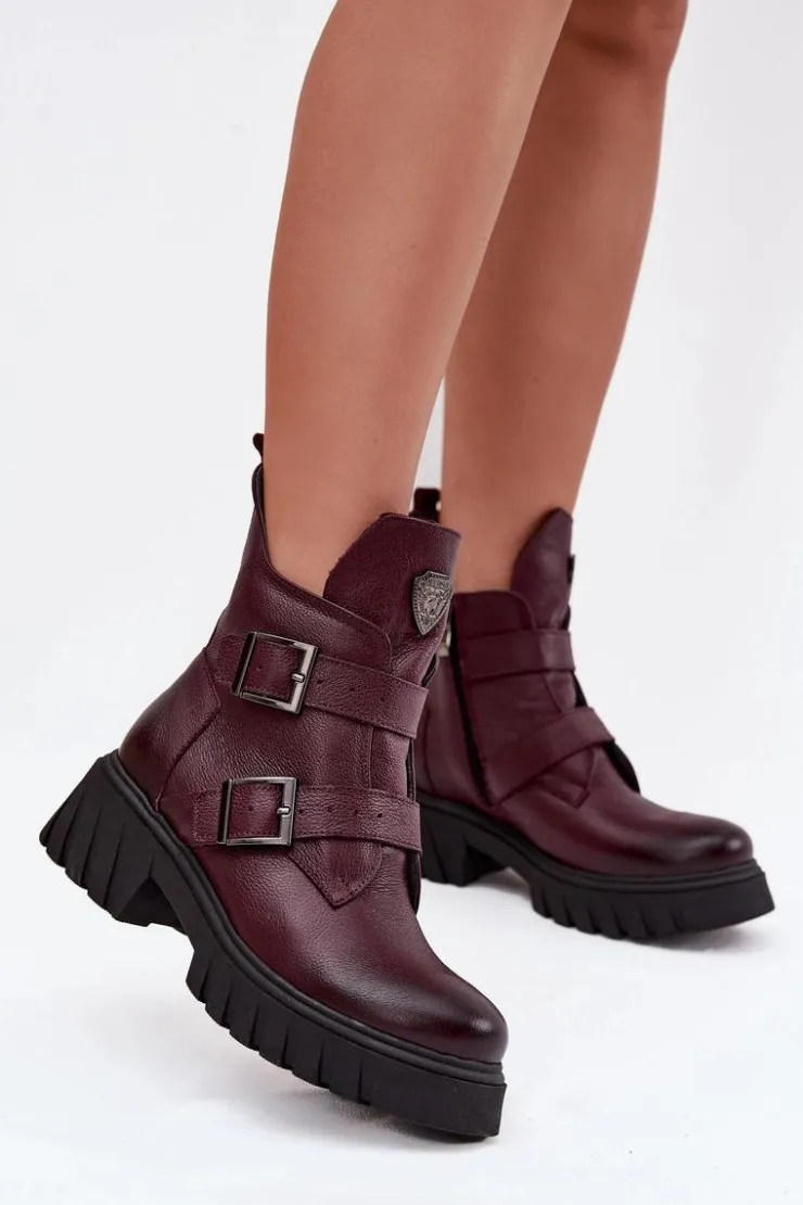 Sale Zazoo Skórzane Ocieplane Botki Damskie Z Klamrami I Ozdobnym Detalem 60482 Bordowe Czerwony