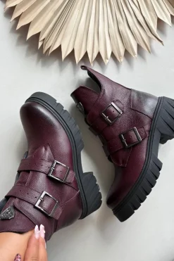 Sale Zazoo Skórzane Ocieplane Botki Damskie Z Klamrami I Ozdobnym Detalem 60482 Bordowe Czerwony