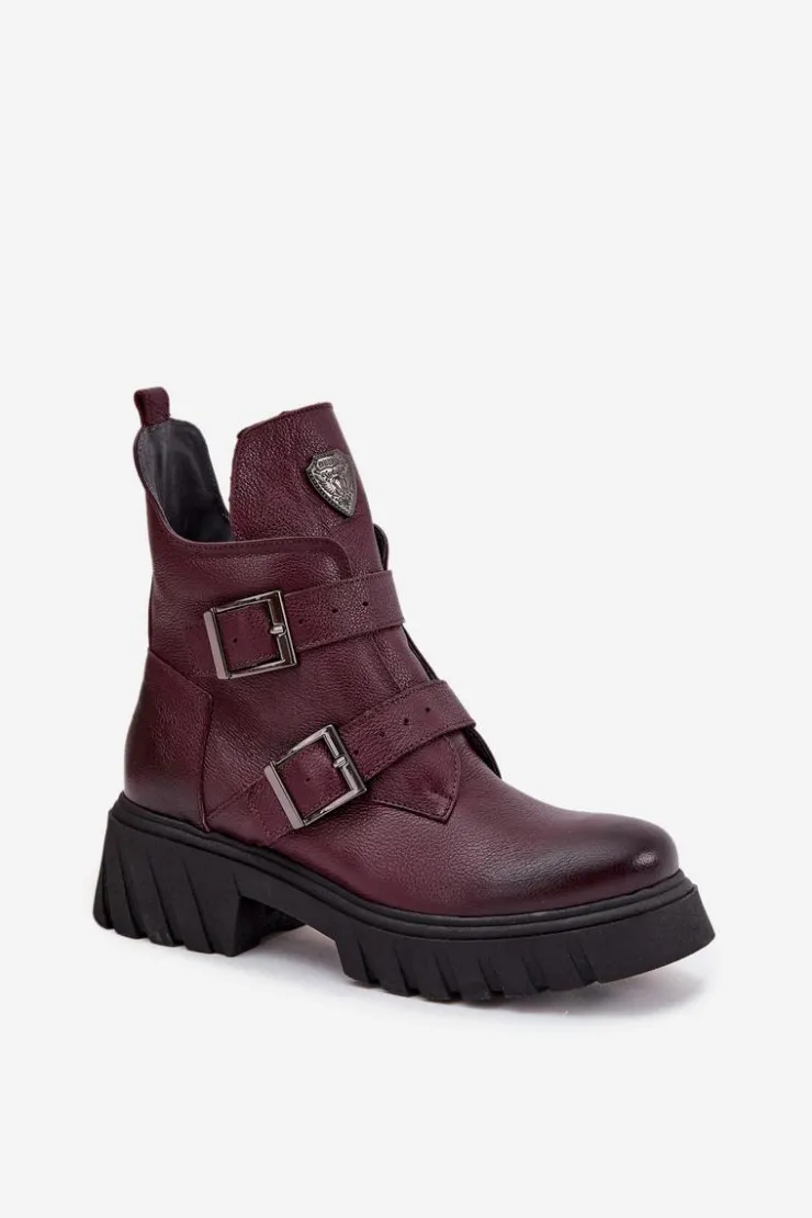 Sale Zazoo Skórzane Ocieplane Botki Damskie Z Klamrami I Ozdobnym Detalem 60482 Bordowe Czerwony