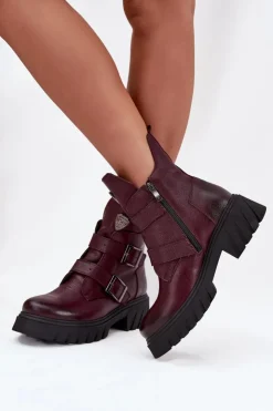 Sale Zazoo Skórzane Ocieplane Botki Damskie Z Klamrami I Ozdobnym Detalem 60482 Bordowe Czerwony