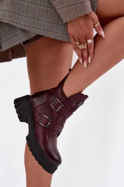 Sale Zazoo Skórzane Ocieplane Botki Damskie Z Klamrami I Ozdobnym Detalem 60482 Bordowe Czerwony