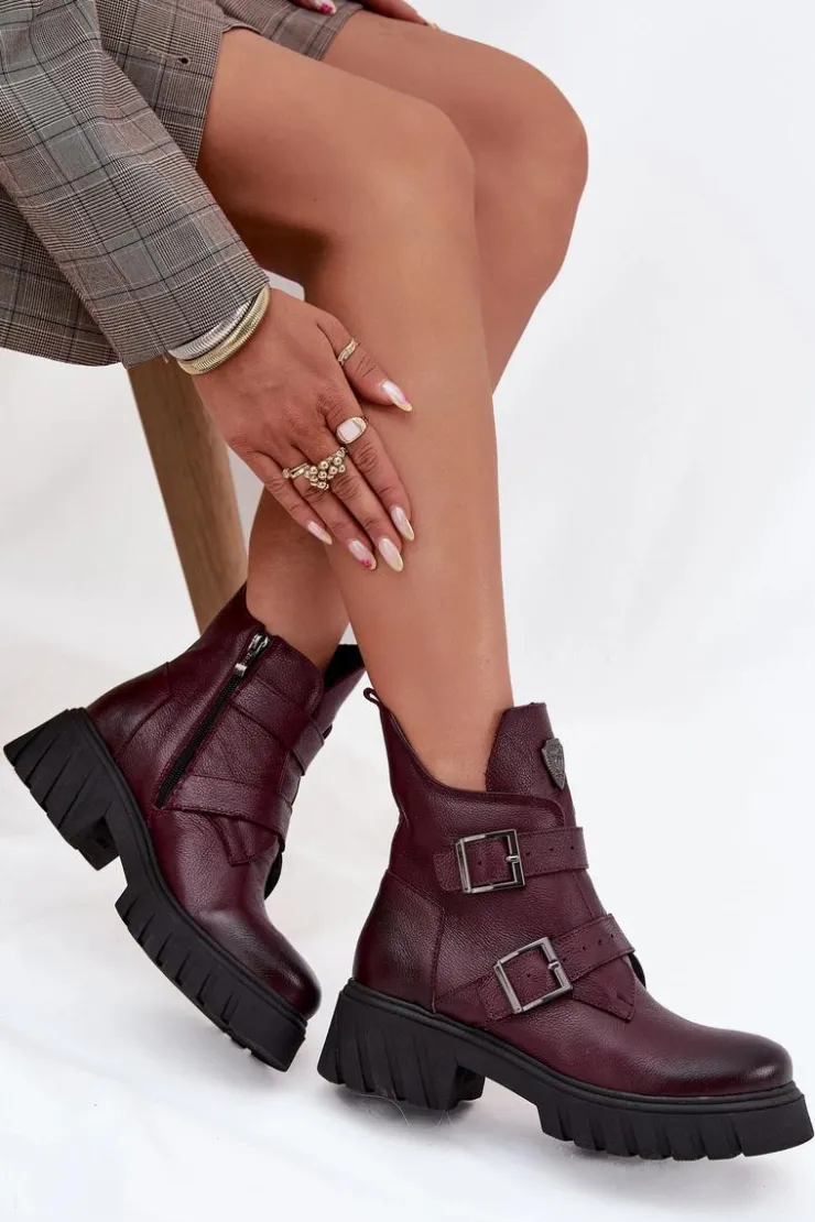 Sale Zazoo Skórzane Ocieplane Botki Damskie Z Klamrami I Ozdobnym Detalem 60482 Bordowe Czerwony
