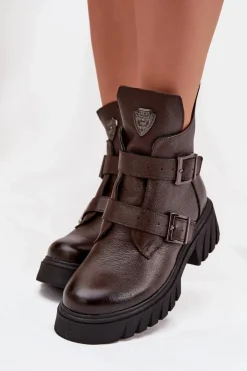 Zazoo Botki Ocieplane|Botki Na Obcasie*Skórzane Ocieplane Botki Damskie Z Klamrami I Ozdobnym Detalem 60482 Czekoladowe Brązowy