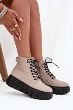 Damskie Buty damskie Vinceza Skórzane Ocieplane Botki Damskie Na Platformie Vinceza 66803 Beżowe