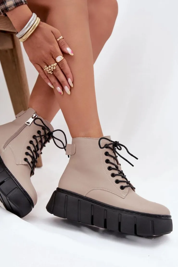 Damskie Buty damskie Vinceza Skórzane Ocieplane Botki Damskie Na Platformie Vinceza 66803 Beżowe