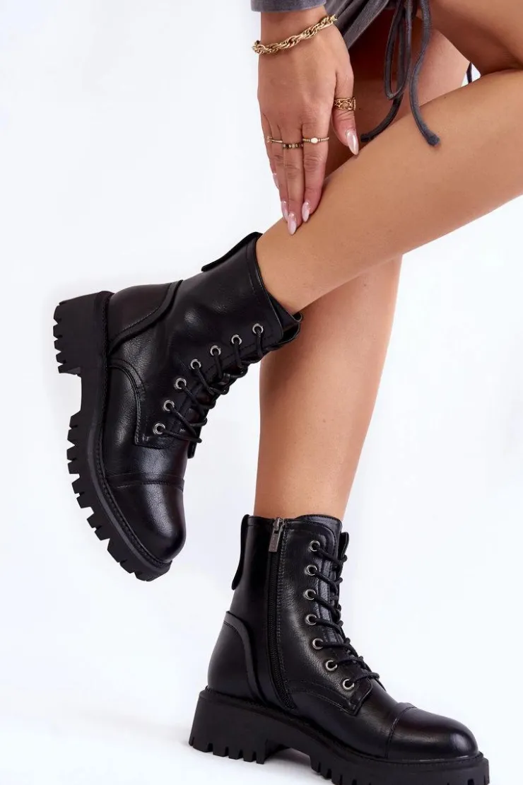 Boto Damskie Trapery|Botki Sznurowane*Skórzane Ocieplane Botki Glany La.Fi 250044B-PU Czarne