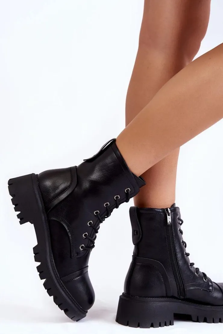 Boto Damskie Trapery|Botki Sznurowane*Skórzane Ocieplane Botki Glany La.Fi 250044B-PU Czarne