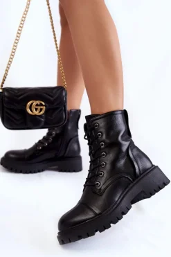 Boto Damskie Trapery|Botki Sznurowane*Skórzane Ocieplane Botki Glany La.Fi 250044B-PU Czarne