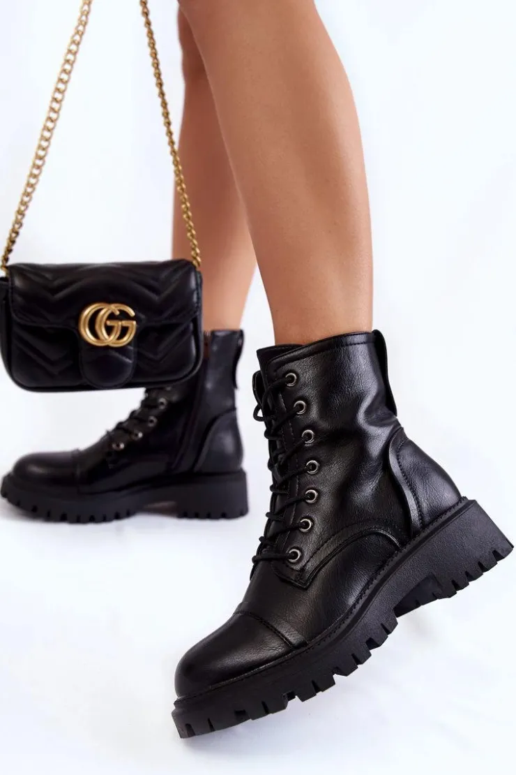 Boto Damskie Trapery|Botki Sznurowane*Skórzane Ocieplane Botki Glany La.Fi 250044B-PU Czarne