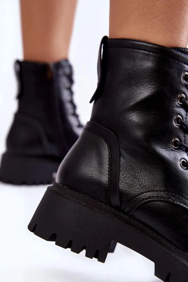 Boto Damskie Trapery|Botki Sznurowane*Skórzane Ocieplane Botki Glany La.Fi 250044B-PU Czarne