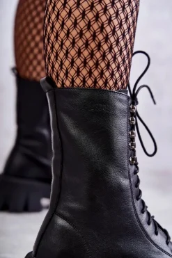 GOE Botki Sznurowane|Czarne Botki*Skórzane Ocieplane Botki KK2N4013 Czarne