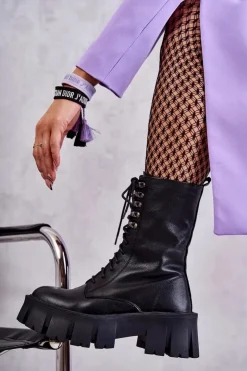 GOE Botki Sznurowane|Czarne Botki*Skórzane Ocieplane Botki KK2N4013 Czarne