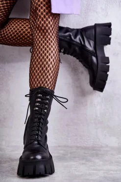 GOE Botki Sznurowane|Czarne Botki*Skórzane Ocieplane Botki KK2N4013 Czarne