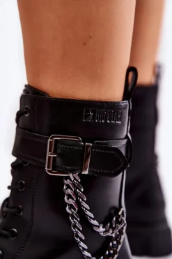 Big Star Shoes Damskie Trapery|Botki Sznurowane*Skórzane Ocieplane Botki Glany Big Star KK274486 Czarne