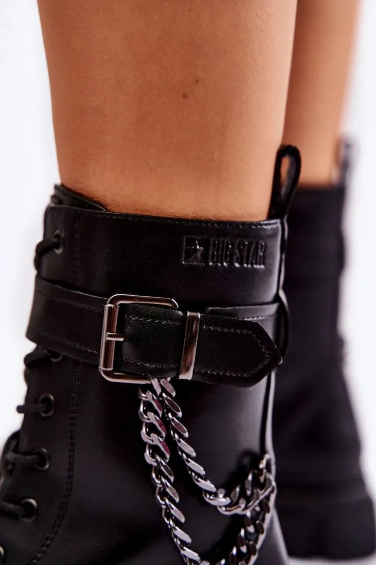 Big Star Shoes Damskie Trapery|Botki Sznurowane*Skórzane Ocieplane Botki Glany Big Star KK274486 Czarne