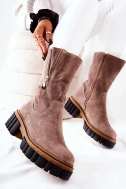 Boto Kozaki Płaskie|Kozaki Zamszowe*Skórzane Ocieplane Botki Kozaki Cappucino Souffle