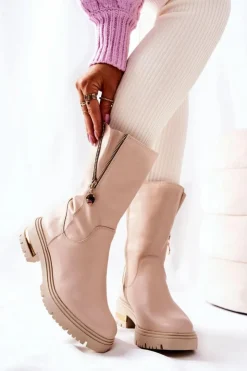 Best Boto Skórzane Ocieplane Botki Kozaki Beżowe Florency