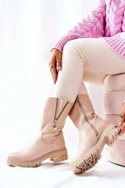 Best Boto Skórzane Ocieplane Botki Kozaki Beżowe Florency