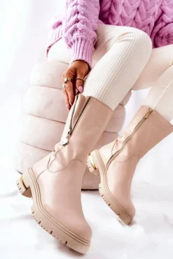 Best Boto Skórzane Ocieplane Botki Kozaki Beżowe Florency