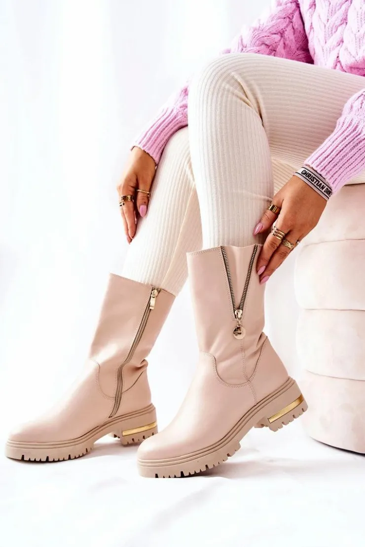 Best Boto Skórzane Ocieplane Botki Kozaki Beżowe Florency