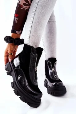 Laura Messi Czarne Botki|Botki Zimowe Damskie*Skórzane Ocieplane Botki Czarne 2371