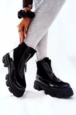 Laura Messi Czarne Botki|Botki Zimowe Damskie*Skórzane Ocieplane Botki Czarne 2371