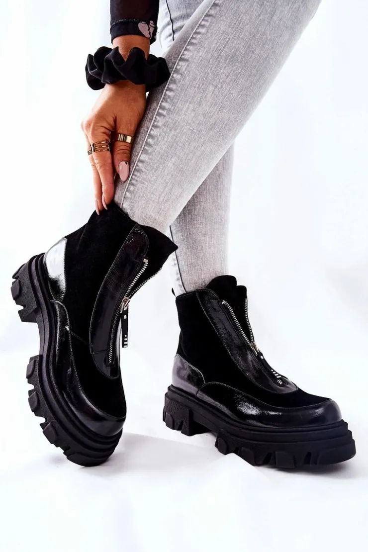 Laura Messi Czarne Botki|Botki Zimowe Damskie*Skórzane Ocieplane Botki Czarne 2371