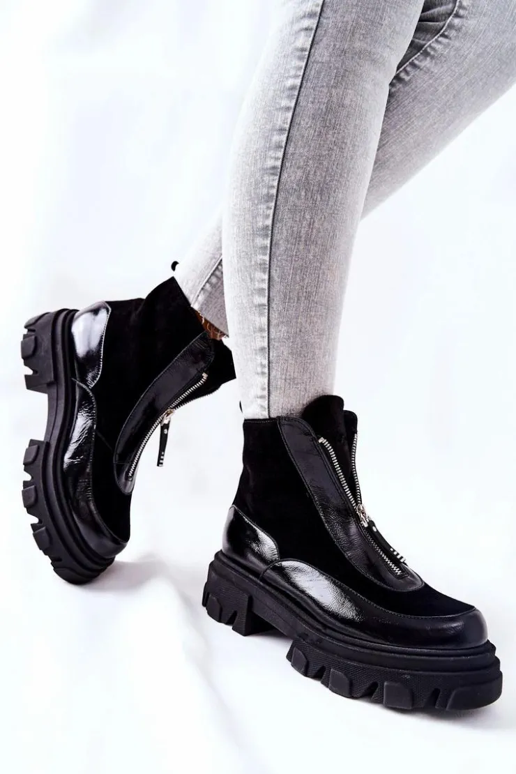 Laura Messi Czarne Botki|Botki Zimowe Damskie*Skórzane Ocieplane Botki Czarne 2371