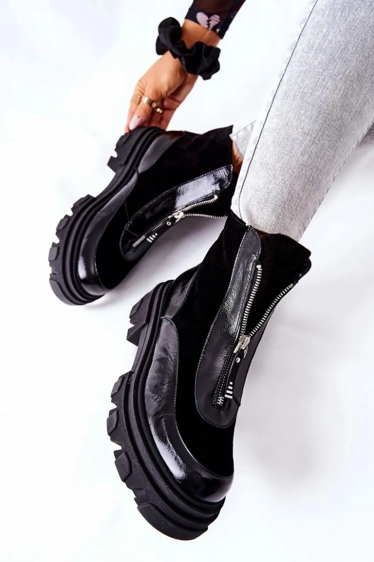 Laura Messi Czarne Botki|Botki Zimowe Damskie*Skórzane Ocieplane Botki Czarne 2371