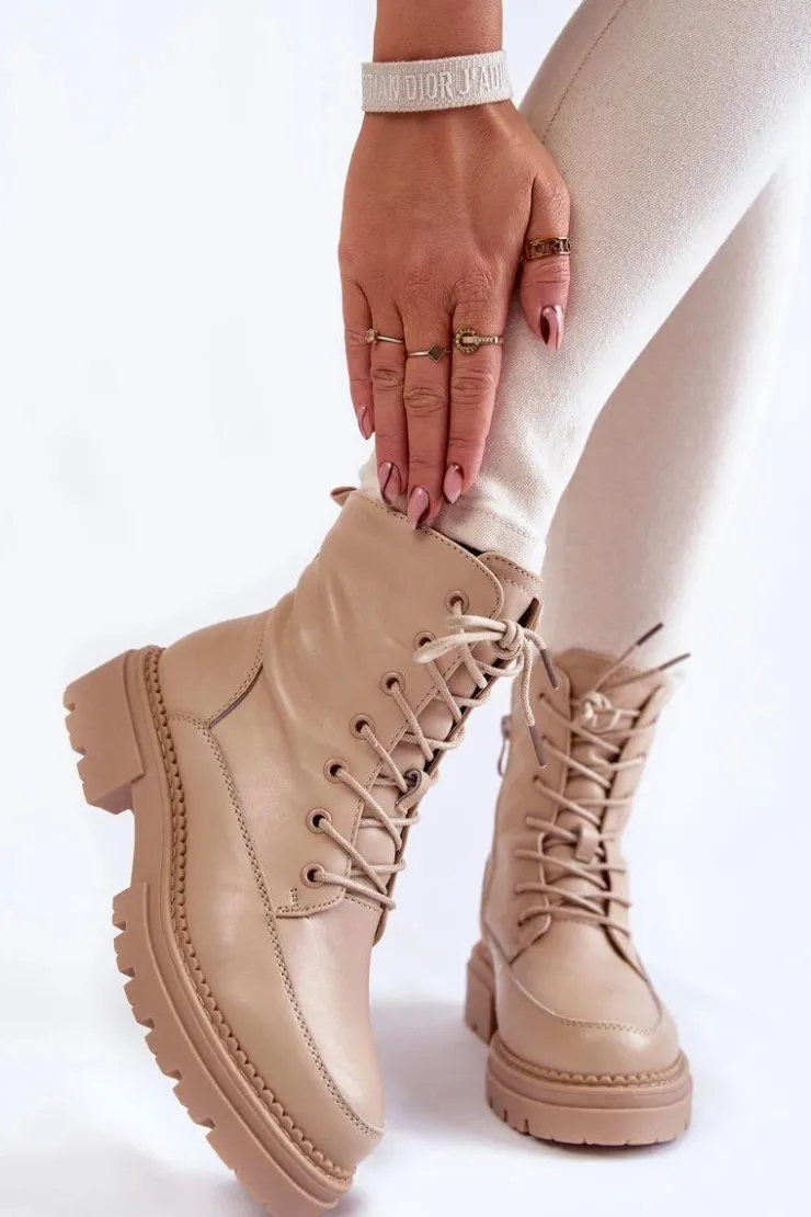Boto Damskie Trapery|Botki Sznurowane*Skórzane Ocieplane Botki La.Fi 250009TA-QN Beżowe