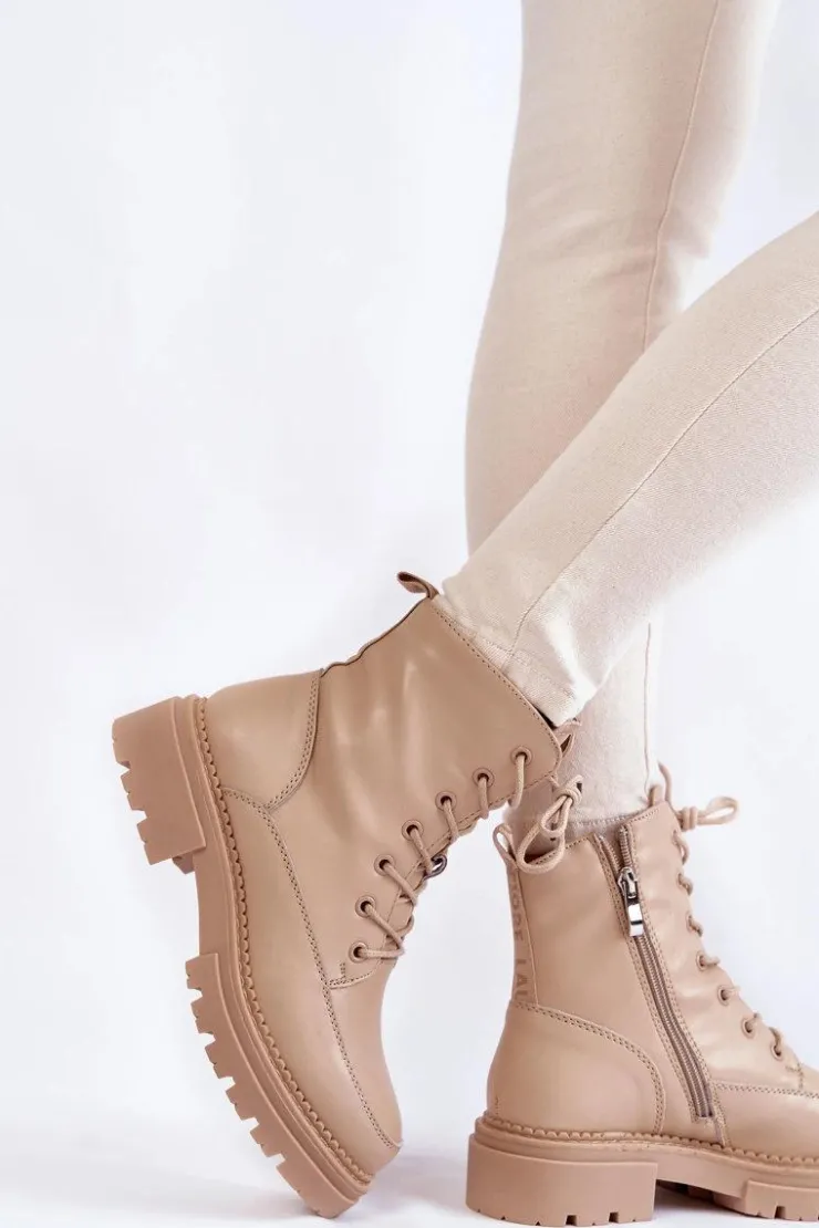 Boto Damskie Trapery|Botki Sznurowane*Skórzane Ocieplane Botki La.Fi 250009TA-QN Beżowe