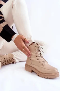 Boto Damskie Trapery|Botki Sznurowane*Skórzane Ocieplane Botki La.Fi 250009TA-QN Beżowe