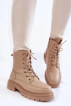 Boto Damskie Trapery|Botki Sznurowane*Skórzane Ocieplane Botki La.Fi 250009TA-QN Beżowe