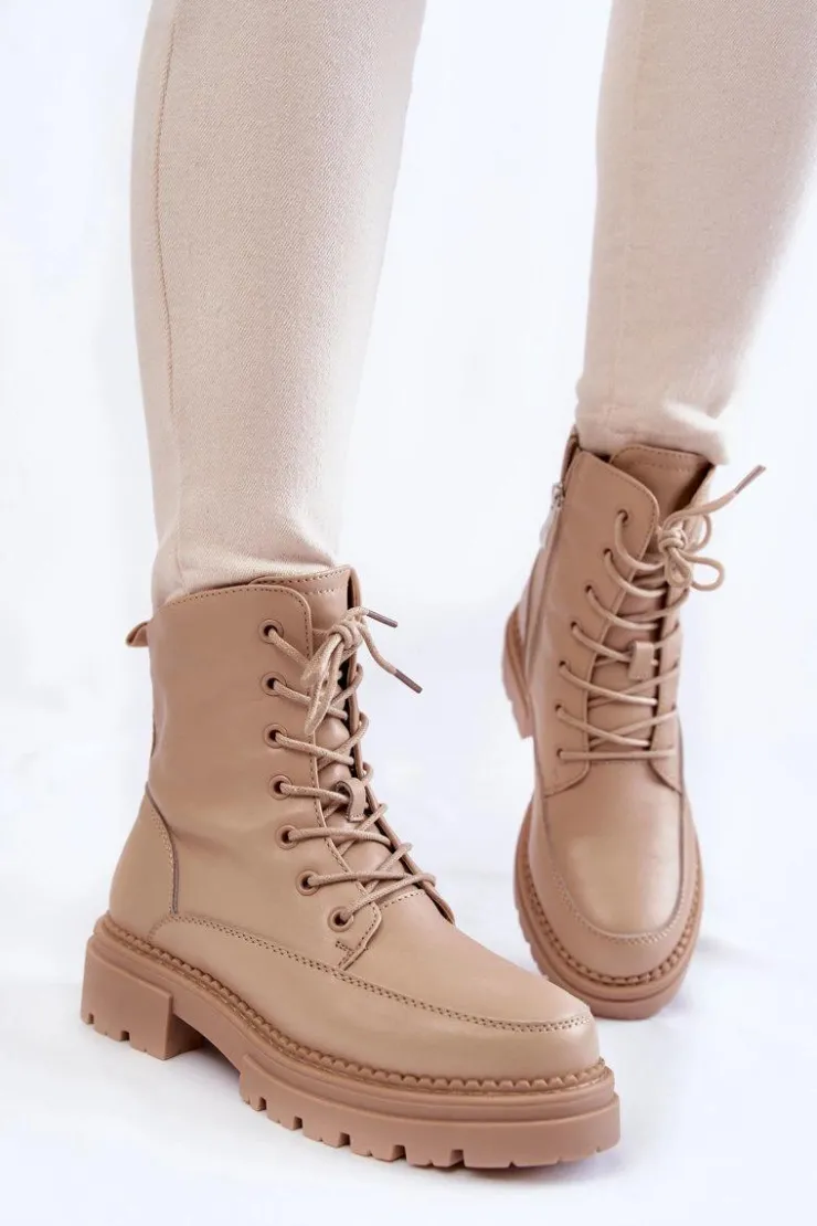 Boto Damskie Trapery|Botki Sznurowane*Skórzane Ocieplane Botki La.Fi 250009TA-QN Beżowe