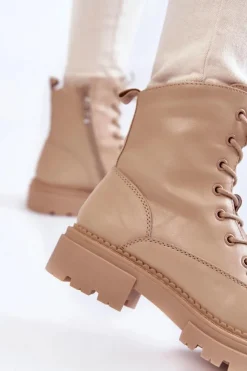 Boto Damskie Trapery|Botki Sznurowane*Skórzane Ocieplane Botki La.Fi 250009TA-QN Beżowe