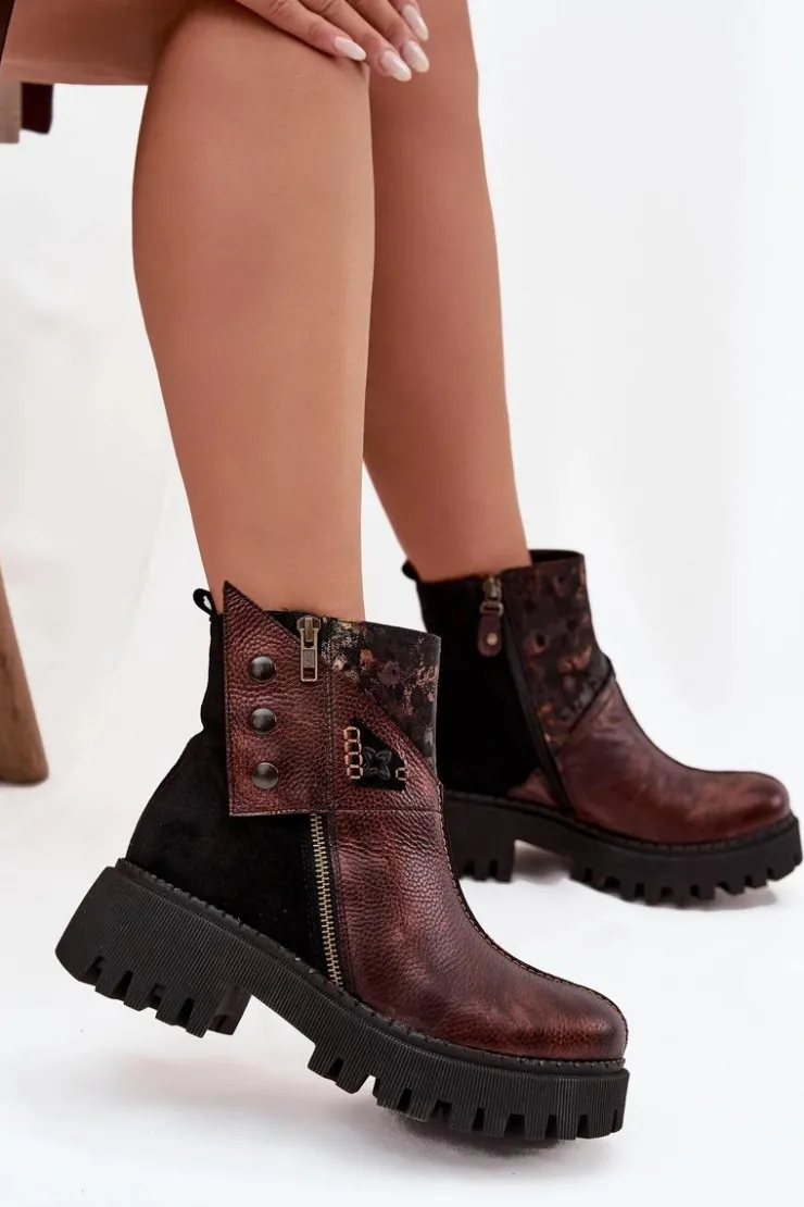 Maciejka Botki Ocieplane|Botki Maciejka*Skórzane Ocieplane Botki Na Platformie I Płaskim Obcasie 06140-02 Brązowe