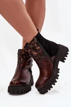 Maciejka Botki Ocieplane|Botki Maciejka*Skórzane Ocieplane Botki Na Platformie I Płaskim Obcasie 06140-02 Brązowe