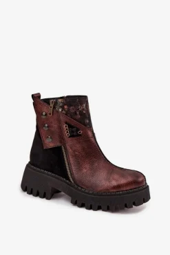 Maciejka Botki Ocieplane|Botki Maciejka*Skórzane Ocieplane Botki Na Platformie I Płaskim Obcasie 06140-02 Brązowe