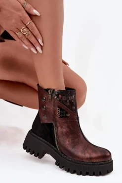 Maciejka Botki Ocieplane|Botki Maciejka*Skórzane Ocieplane Botki Na Platformie I Płaskim Obcasie 06140-02 Brązowe