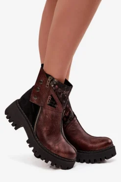 Maciejka Botki Ocieplane|Botki Maciejka*Skórzane Ocieplane Botki Na Platformie I Płaskim Obcasie 06140-02 Brązowe