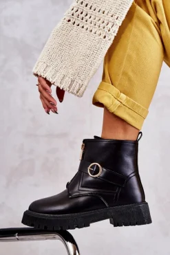 Boto Czarne Botki|Botki Zimowe Damskie*Skórzane Ocieplane Botki Na Suwak Czarne Verina