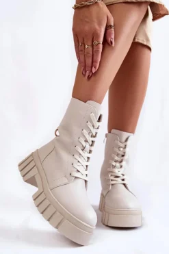 Damskie Buty Sergio Leone Skórzane Ocieplane Botki Na Platformie Jasnobeżowe Telisa