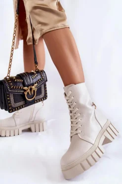 Damskie Buty Sergio Leone Skórzane Ocieplane Botki Na Platformie Jasnobeżowe Telisa