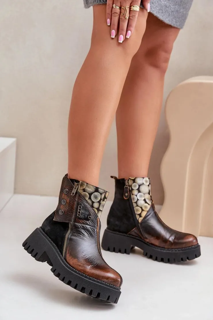 Maciejka Skórzane Ocieplane Botki Na Platformie I Płaskim Obcasie 06140-25 Złoto-Czarne